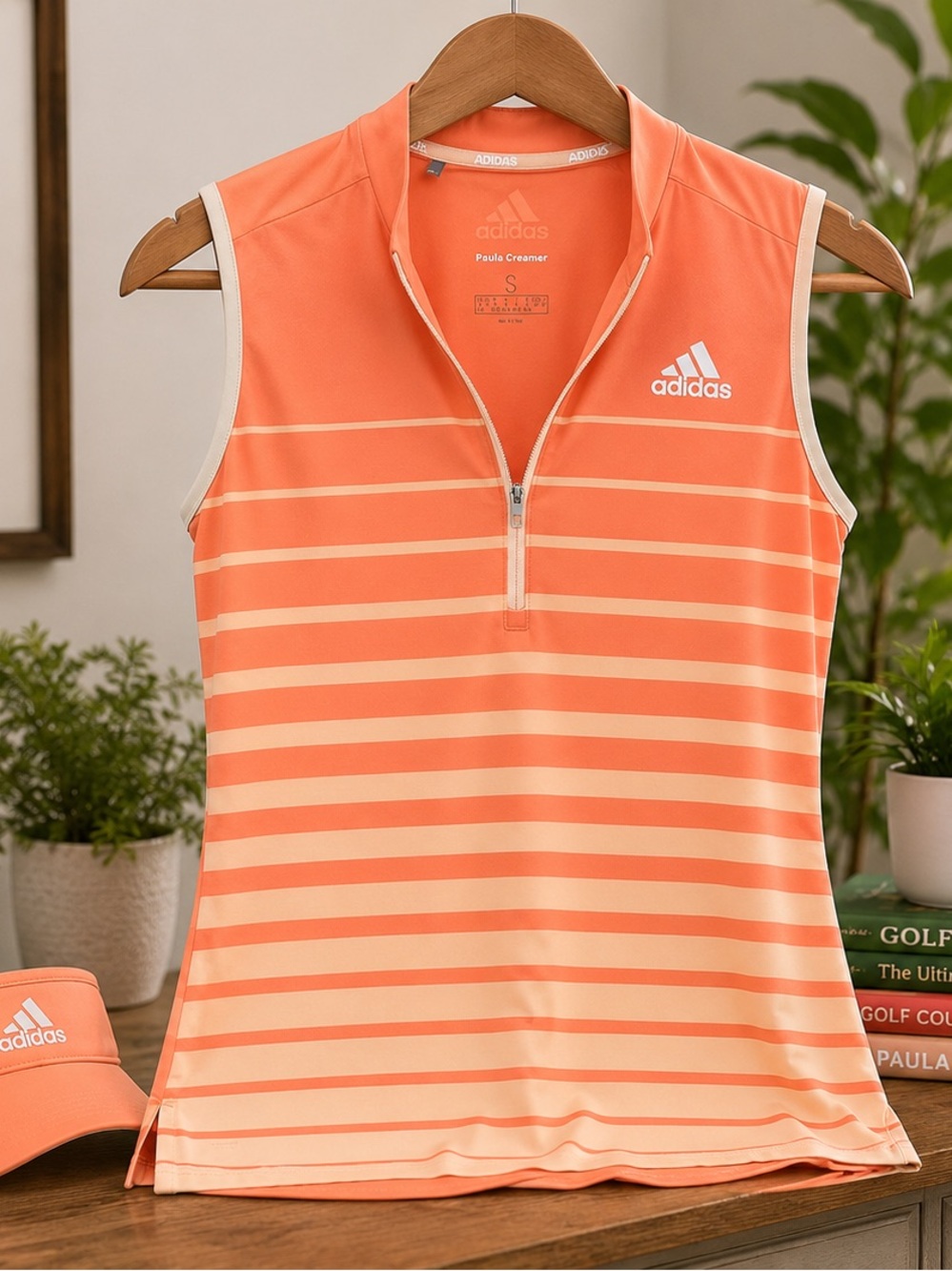 Adidas Paula Creamer Women's Small Sleeveless Golf Polo 1/4 Zip Coral Stripe (S)